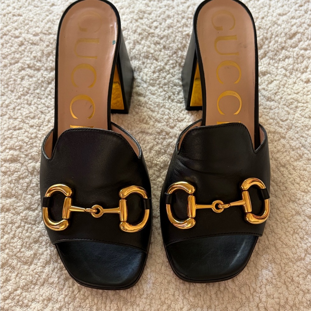 Gucci Black Leather Horsebit Block Heel Mules - Size 37 - Picture 3 of 10